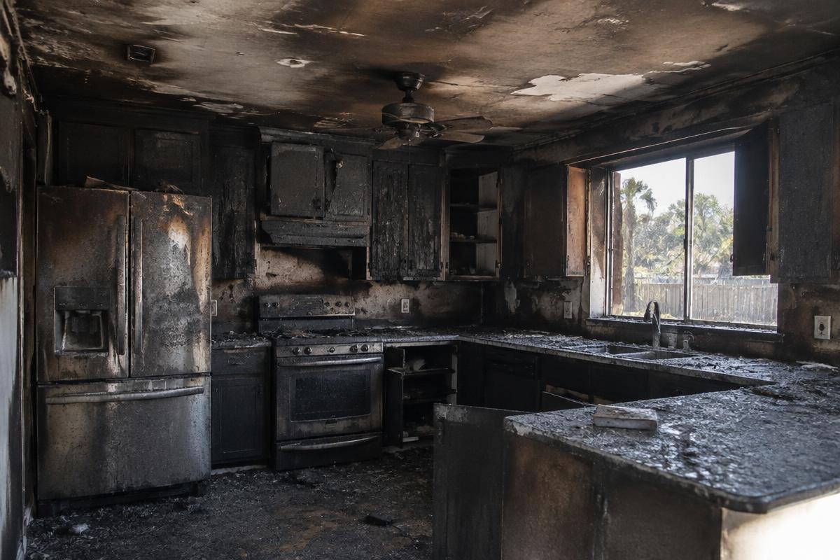 Técnico evaluando daños por fuego y humo en una vivienda de Los Ángeles