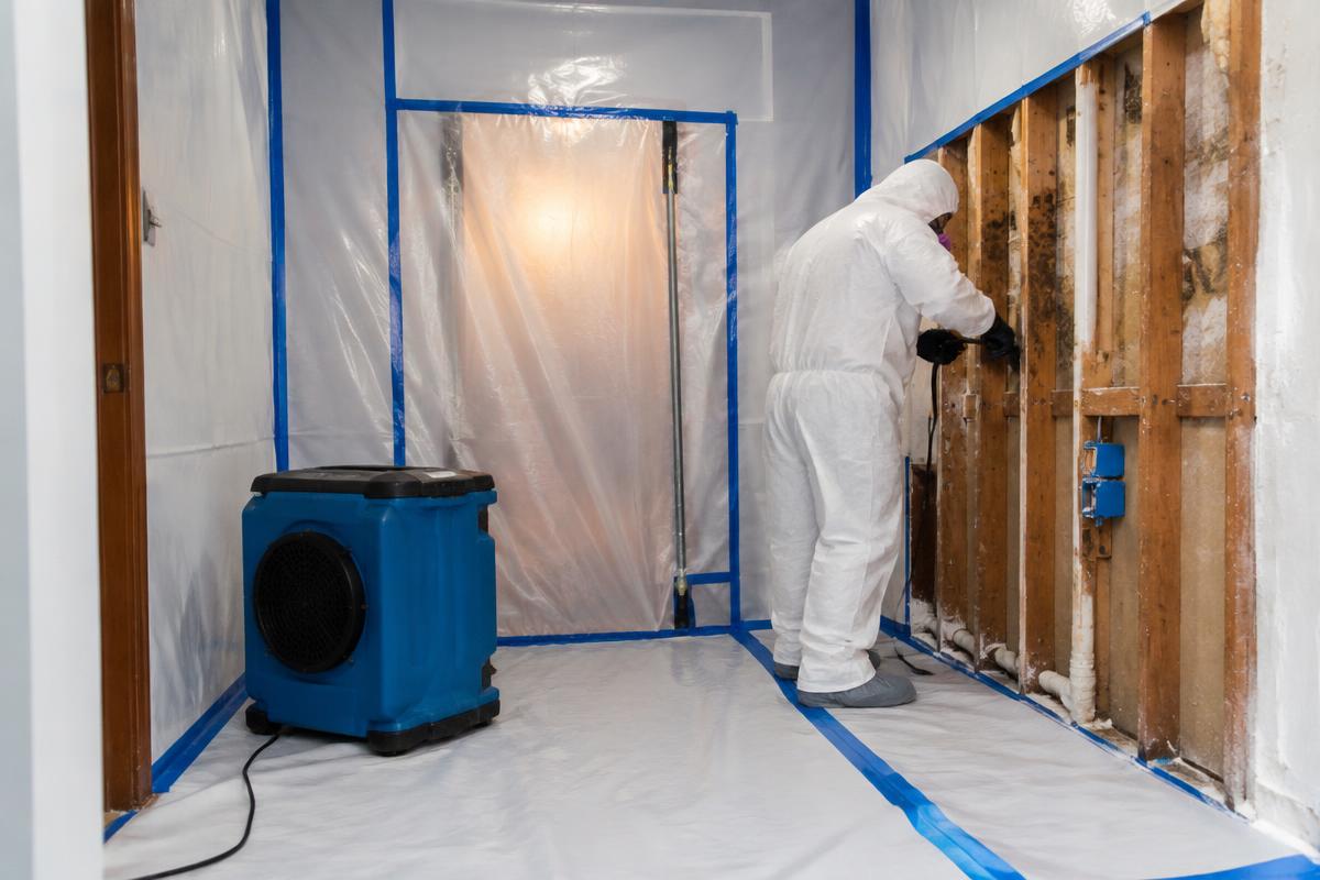 Technician conducting post-remediation mold clearance testing in Los Angeles